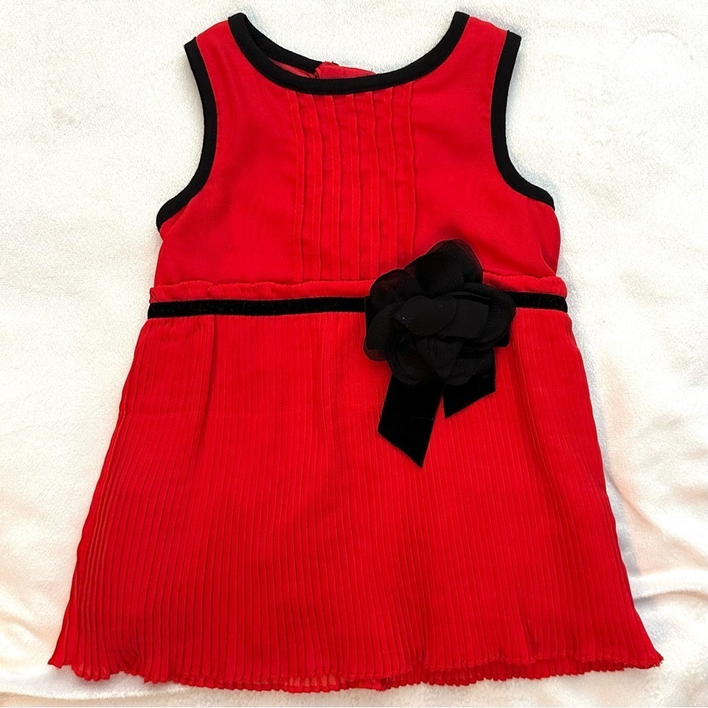 Kate Spade Pleated Red Chiffon Black Velvet Rosette Flower Formal Dress 12M Baby